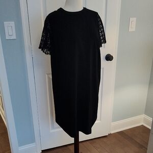 LOFT Black Midi Dress with Lace Sleeves